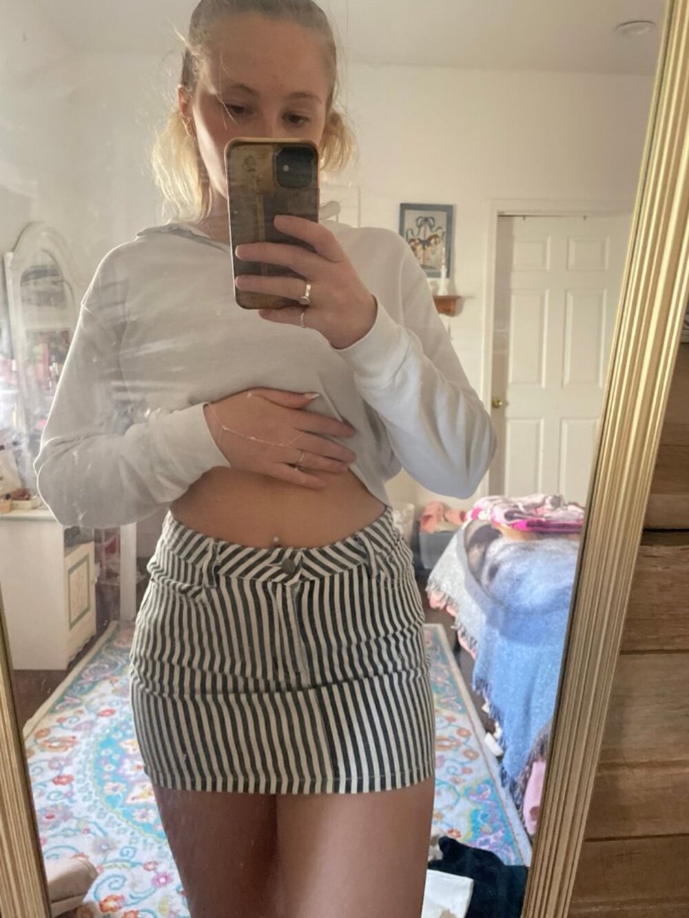Black and white striped stretchy denim mini skirt